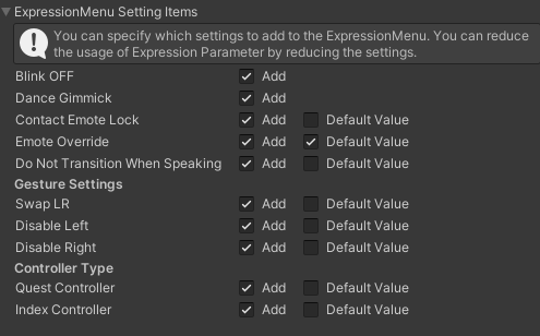 Expression Menu Settings Items